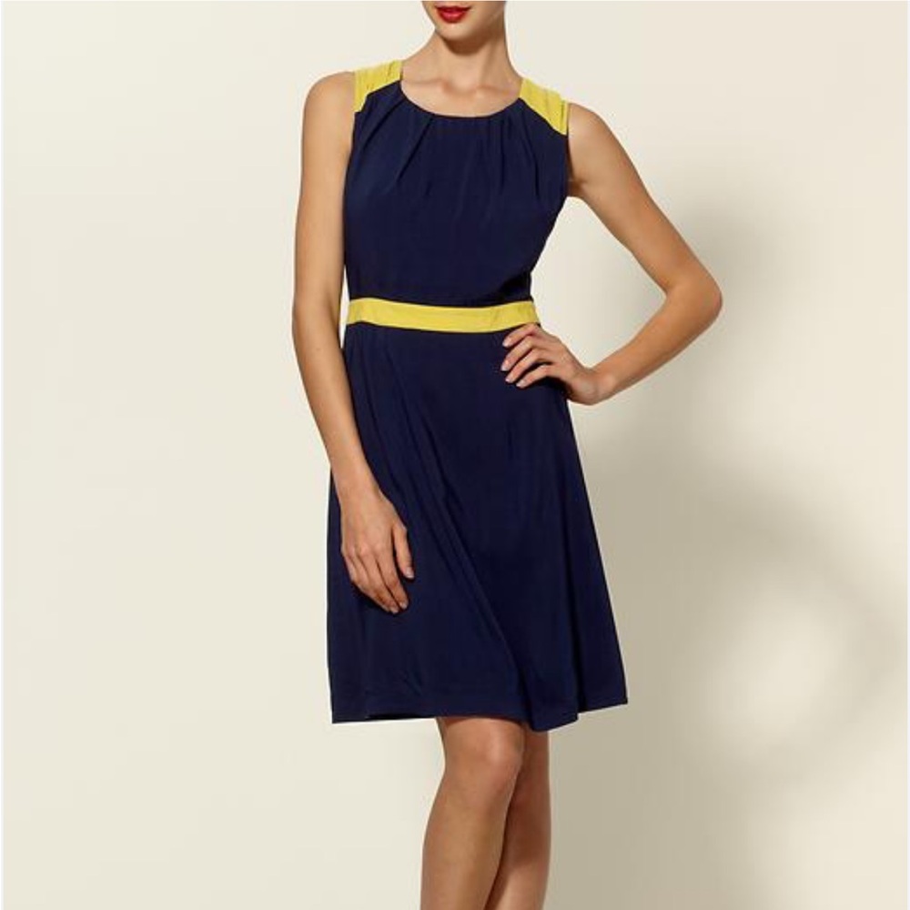 Loft navy blue sleeveless dress with yellow contrasting waistband. Size 4.